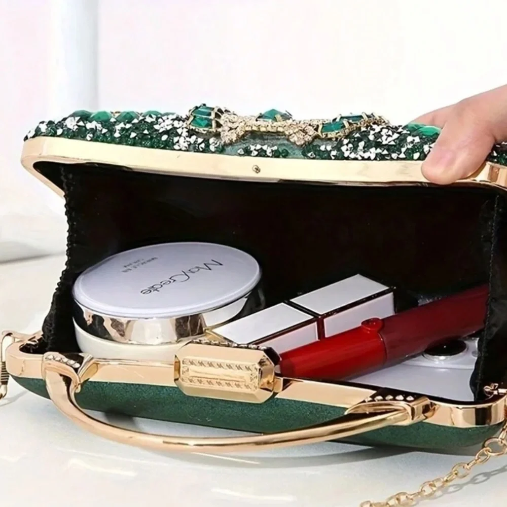 Embellished Black Crystal Evening Clutch with Gold Handle